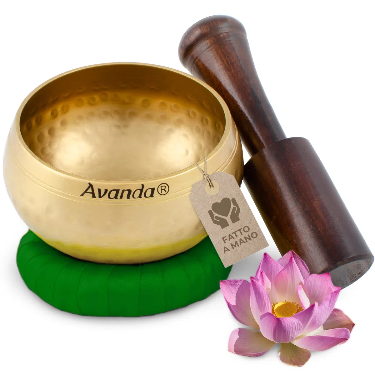 Set di ciotole tibetane per yoga, meditazione e rilassamento - Ciotola tibetana martellata Ø 8 cm, mazzuolo in legno di mango e cuscino ad anello giallo verde