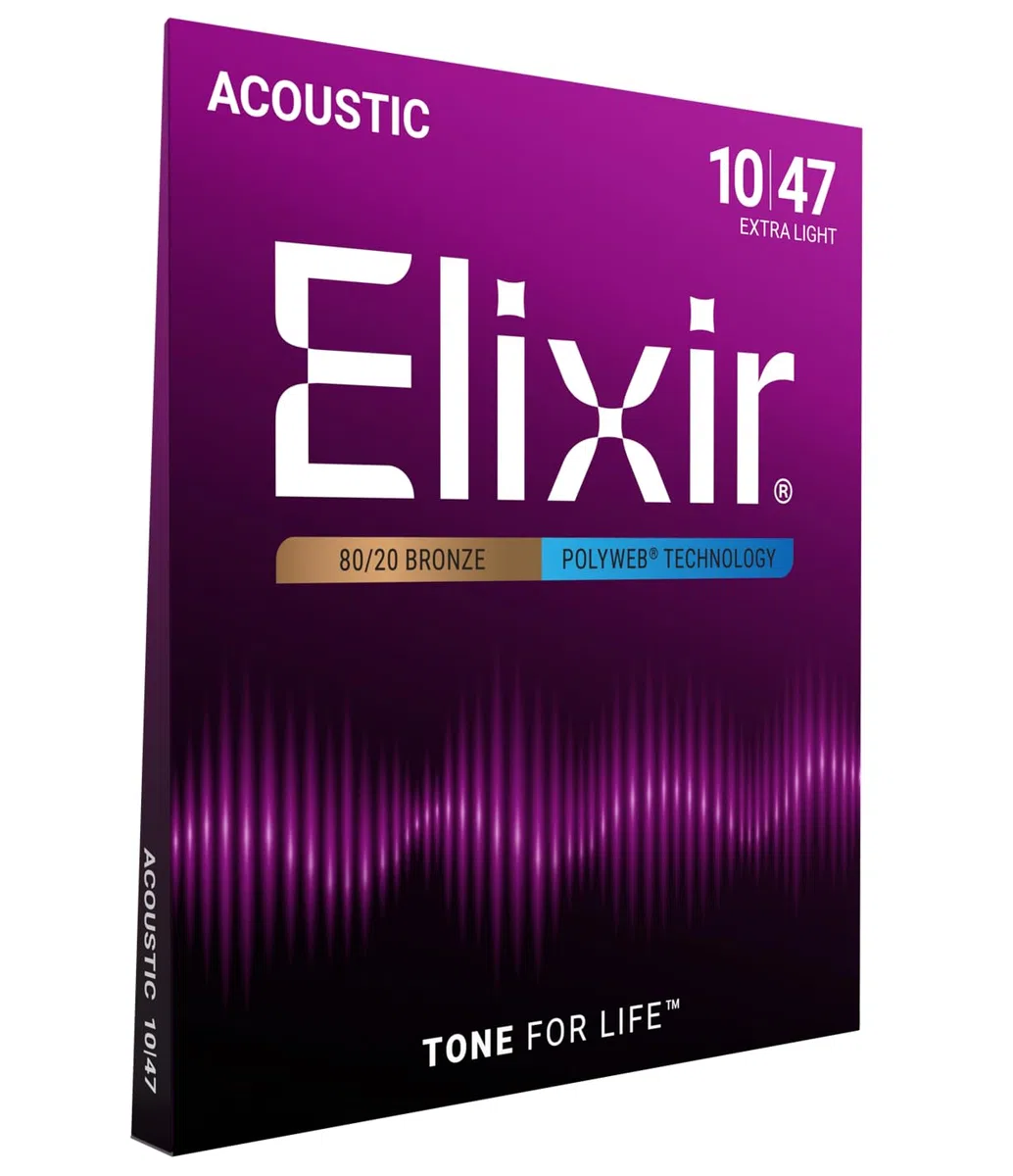 Corde per chitarra acustica bronzo 80/20 Elixir Strings con rivestimento POLYWEB, Extra Light (.010-.047)
