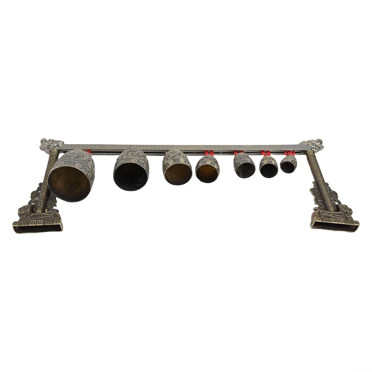 Oniissy Gong cinese da meditazione in bronzo con 7 campane decorate, strumento a percussione in lega per yoga e guarigione del suono, 410 x 170 x 50 mm