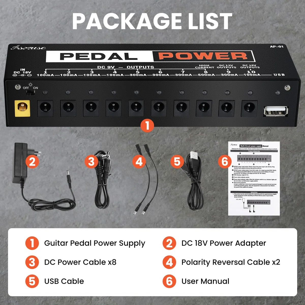 Asmuse Mini Alimentatore Pedali Chitarra Noiseless Portatile 9V 12V 18V 10 Uscite Isolate con Porta di Ricarica USB Compact Pedal Power Supply