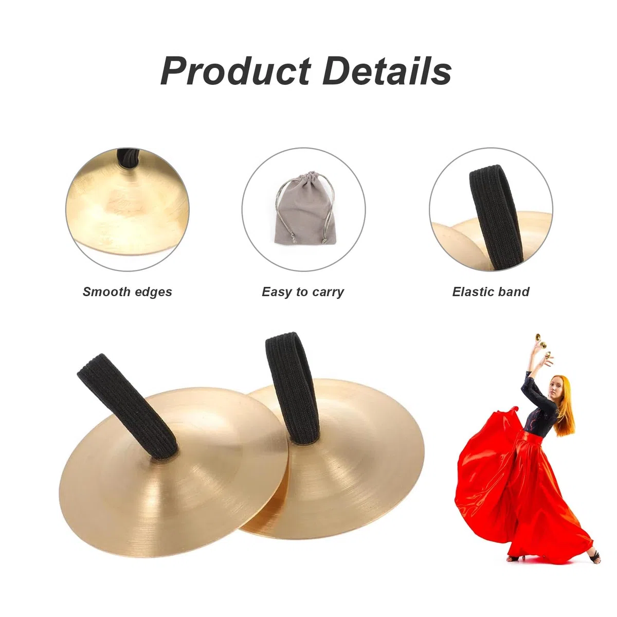 2 Paia Cimbali da Dito in Ottone, Oro Cimbali Danza del Ventre, con Elastico Piatti a Dito in per Danza Ventre, con Custodia in Velluto, Diametro 5,5 cm, per Feste e Balli