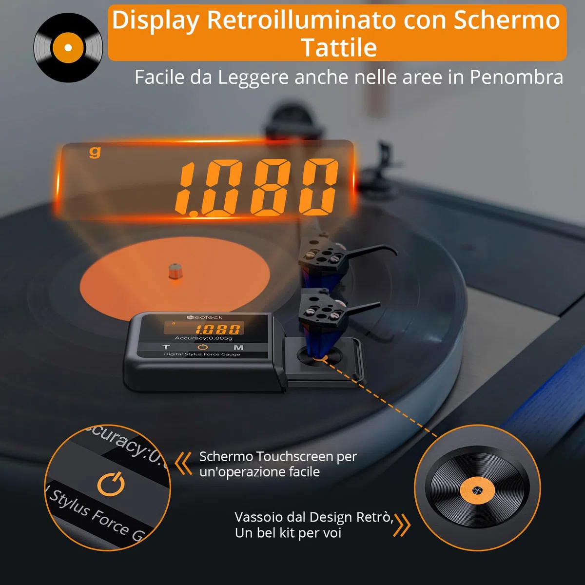 Neoteck Tester Scala Forza di Stilo per Giradischi Capacità 100g Touch Screen LCD Bilancia Precisa 0.005g Retroilluminazione Arancia Tester Scala Forza per Braccio Giradischi Fono Cassetta Musicale