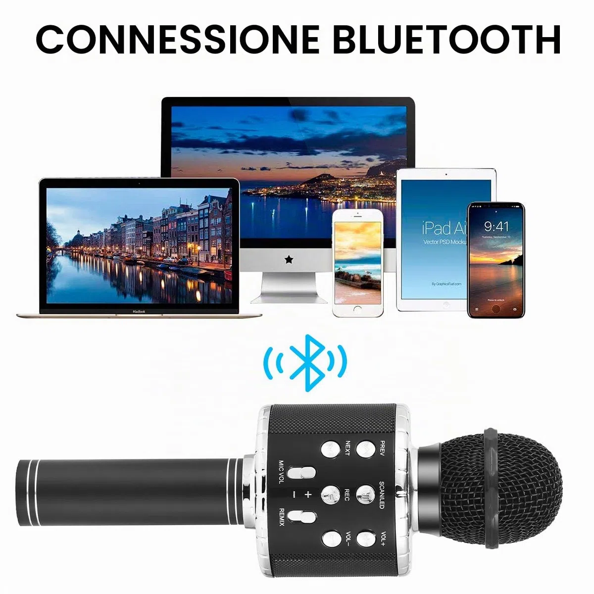 Fede Microfono Karaoke Bluetooth Wireless per Bambini, Karaoke Portatile con Luci LED Multicolore per Cantare, Funzione Eco, Compatibile con Android/iOS, PC o smartphone