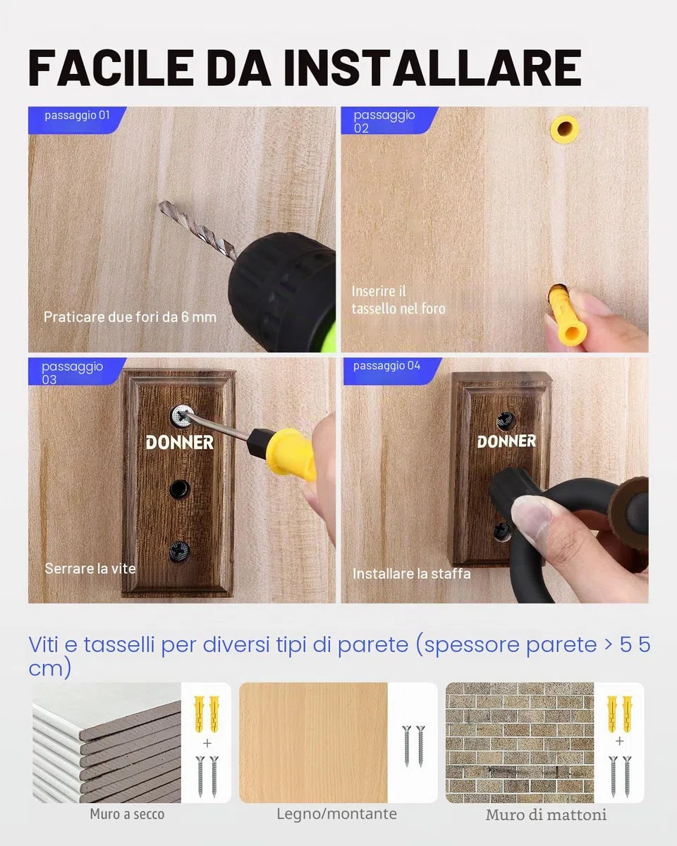 Donner Ganci Supporto Chitarra da Parete, Porta Chitarra da Muro, Gancio Parete di Legno di noce per chitarre/basso/ukulele/violino/mandolino, Appendi Chitarra da Muro (3 pezzi)