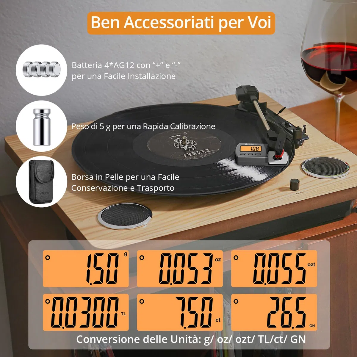 Neoteck Tester Scala Forza di Stilo per Giradischi Bilancia 0,01g LCD Retroilluminazione Arancia Bilancia Digitale per Giradischi per MM/MC/MI Braccio Giradischi Fono Cassetta Musicale
