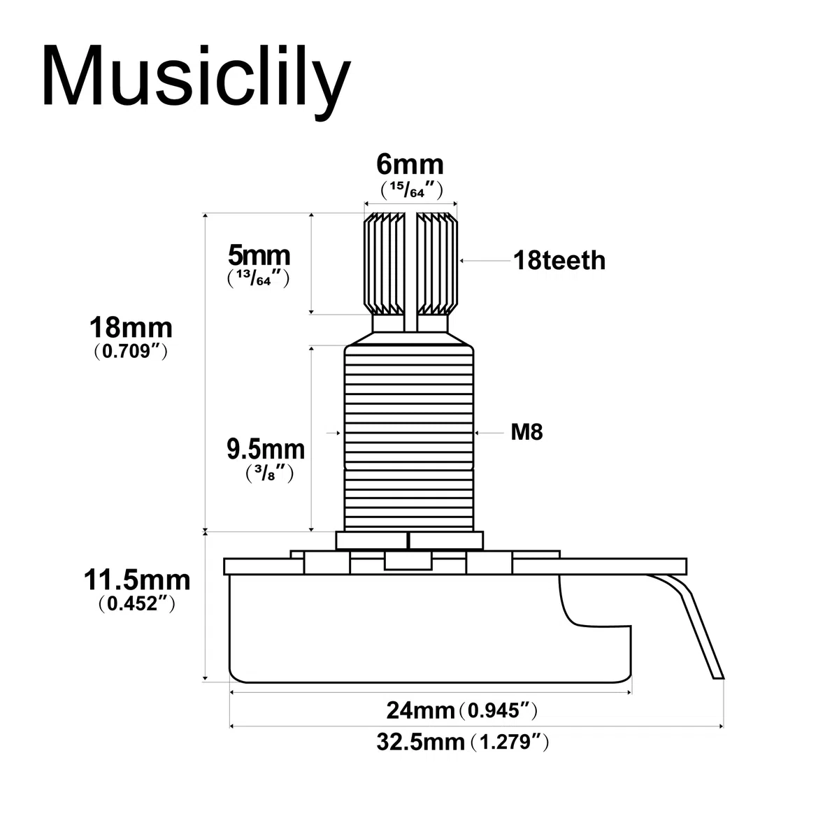 Musiclily Pro Filettatura Ottone Full Metrica A25K Split Shaft Potenziometro Audio Taper Pots per Chitarra Elettrica Basso (Set di 2)