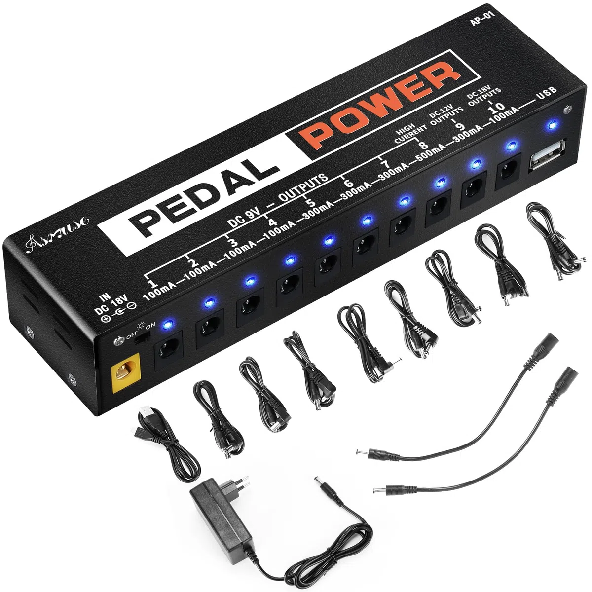 Asmuse Mini Alimentatore Pedali Chitarra Noiseless Portatile 9V 12V 18V 10 Uscite Isolate con Porta di Ricarica USB Compact Pedal Power Supply