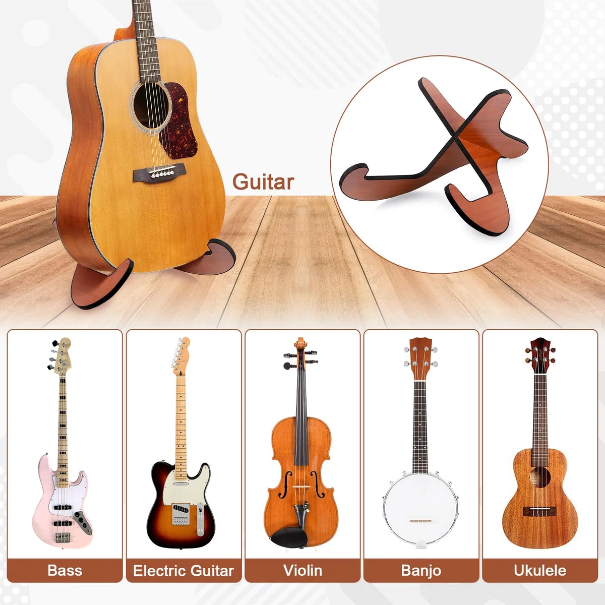 Fentar Supporto per Chitarra Classica e Basso in Legno, Porta Chitarra da Terra Antiscivolo con Cuscinetto in Schiuma Protettiva, Design Staccabile e Regolabile, Ideale per Studio, Casa e Spettacoli