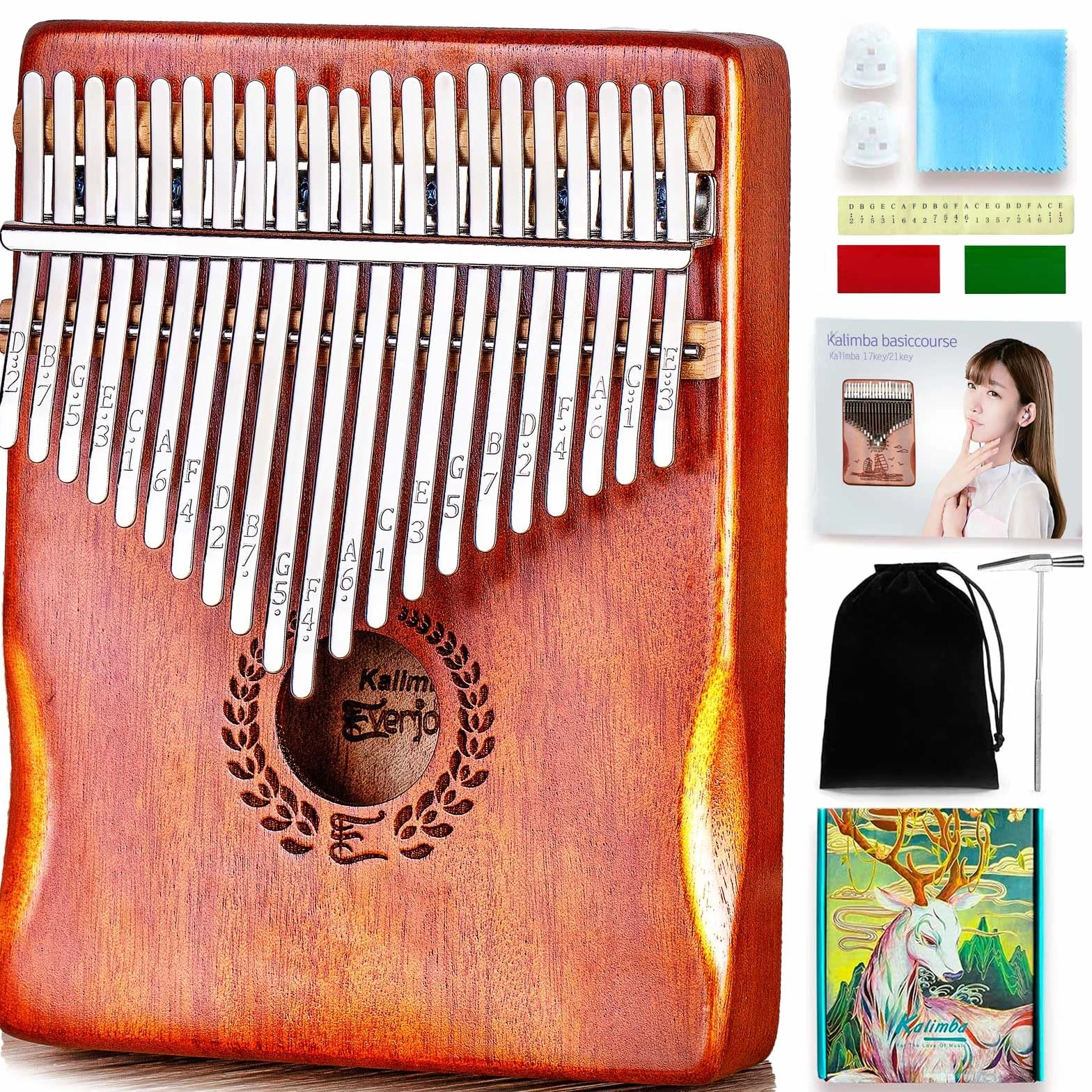 Everjoys Kalimba - Pianoforte da pollice a 21 tasti, strumento musicale professionale, con custodia in panno morbido portatile, libro delle canzoni veloce da imparare, martello per accordatura, kit