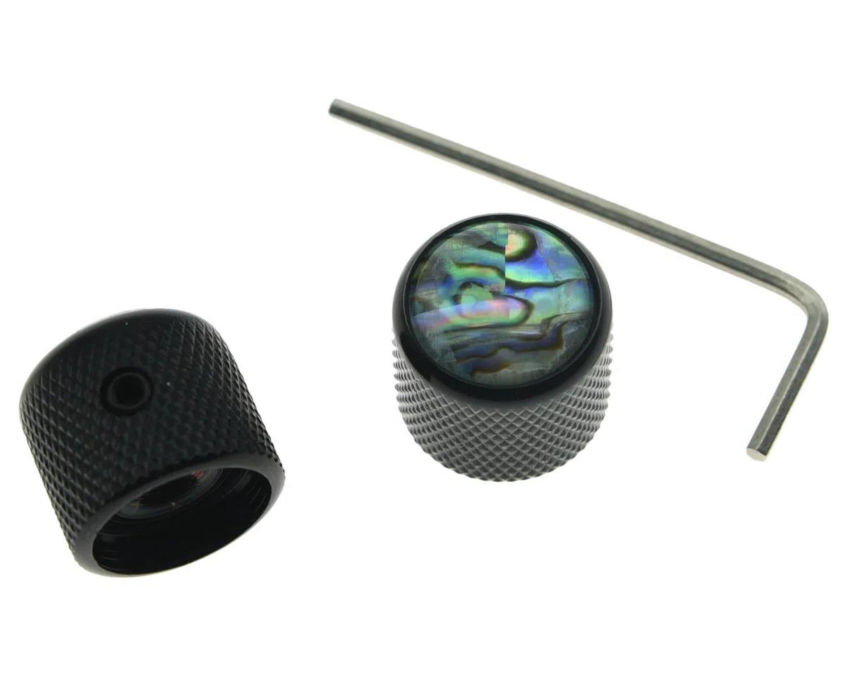 KAISH Set di 2 bottoni per chitarra Telecaster neri con parte superiore Abalon, a forma di cupola, con set di viti