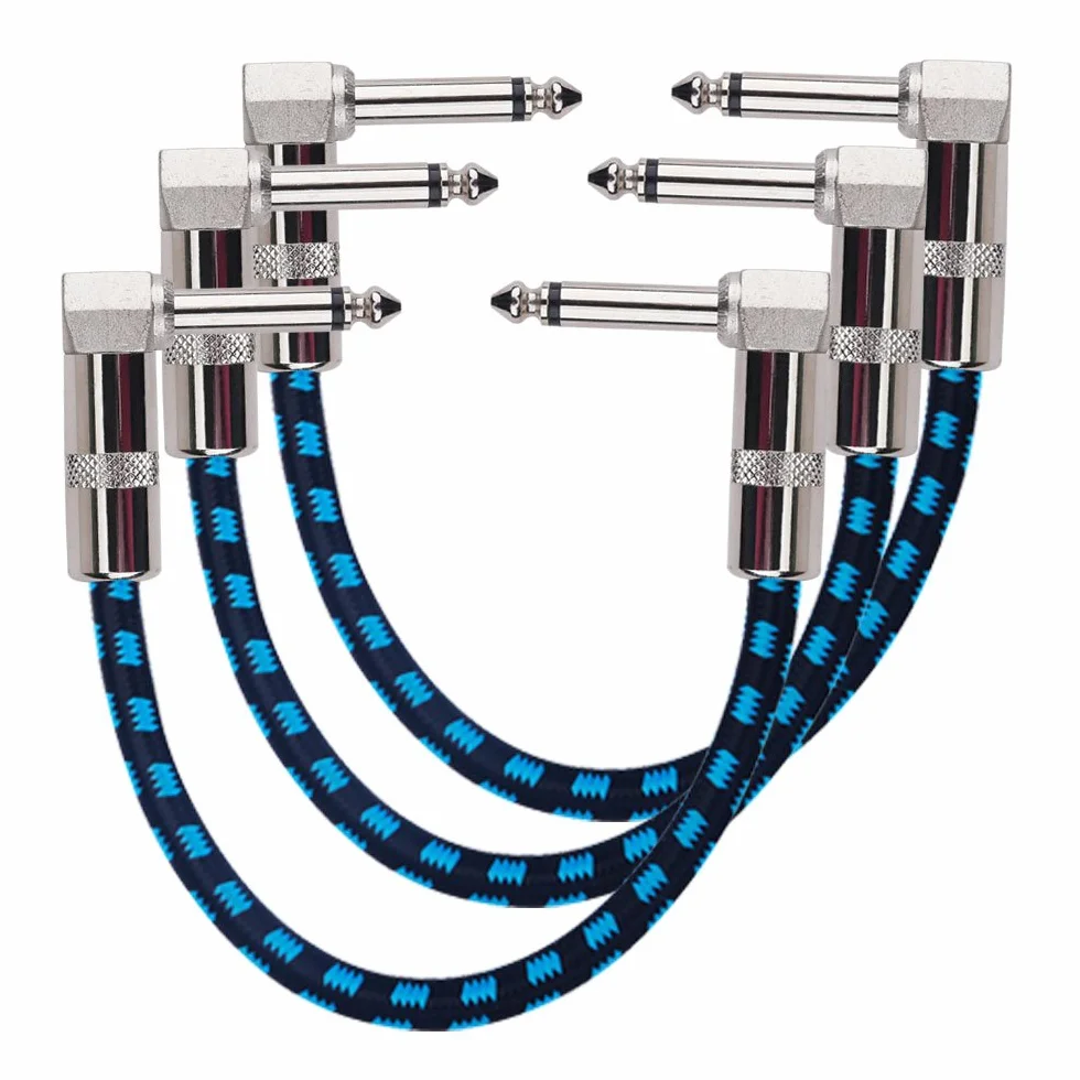 Rayzm Cavi Patch per Effetti per Chitarra/Basso 1/4", ad angolo Maschio. Cavetto per Strumenti Musicali TS Mono per Chitarra/Basso Pedaliera Effetti-Rivestimento in Tessuto Tweed,3 unità,15cm (Blu)