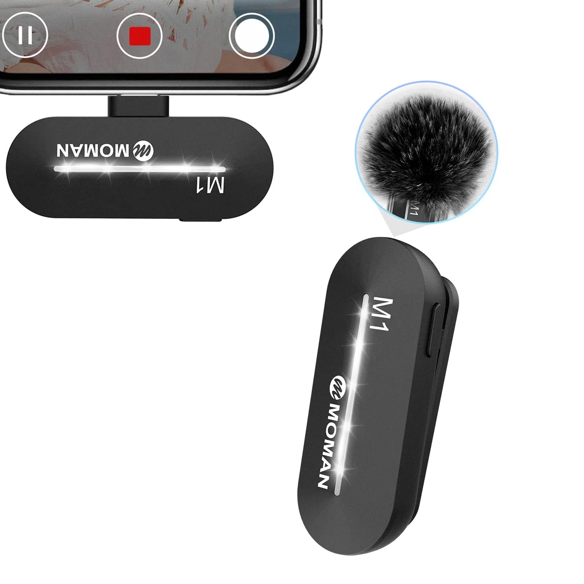 Moman Microfono Lavalier wireless per iPhone, M1CL Microfono da bavero Wireless Lightning per TikTok/Youtube/Vlogging/Live Streaming/Registrazione video, Microfono Lav per iPhone 14/13/12/11/X