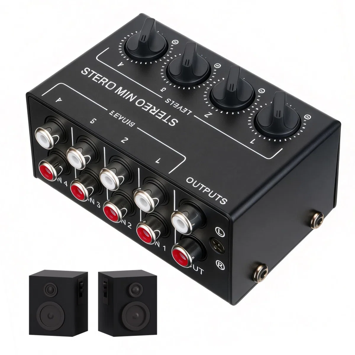 Mixer audio a 4 canali, mixer audio stereo, mixer passivo con quattro ingressi e un'uscita, mini mixer audio con controlli di volume separati per home theater, lettore CD, club, barre, strumenti