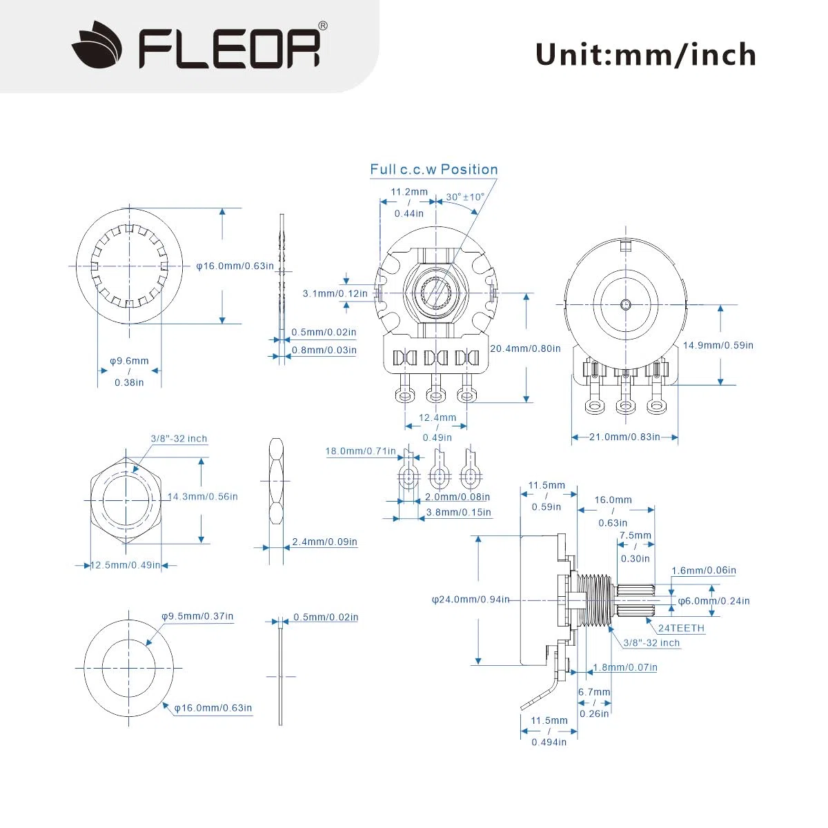 FLEOR Potenziometri di controllo con albero corto in ottone A250K Potenziometri conici audio 24 scanalature albero diviso D3/8" per tono di controllo del volume di chitarra elettrica, confezione da 2