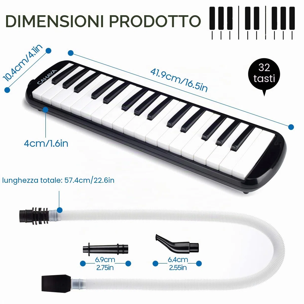 CAHAYA Melodica 32-Tasti Pianoforte a Bocca: con 4 Bocchini Pianola a Bocca con Custodia per Trasporto Strumento Musicale per Principianti Bambini Nero