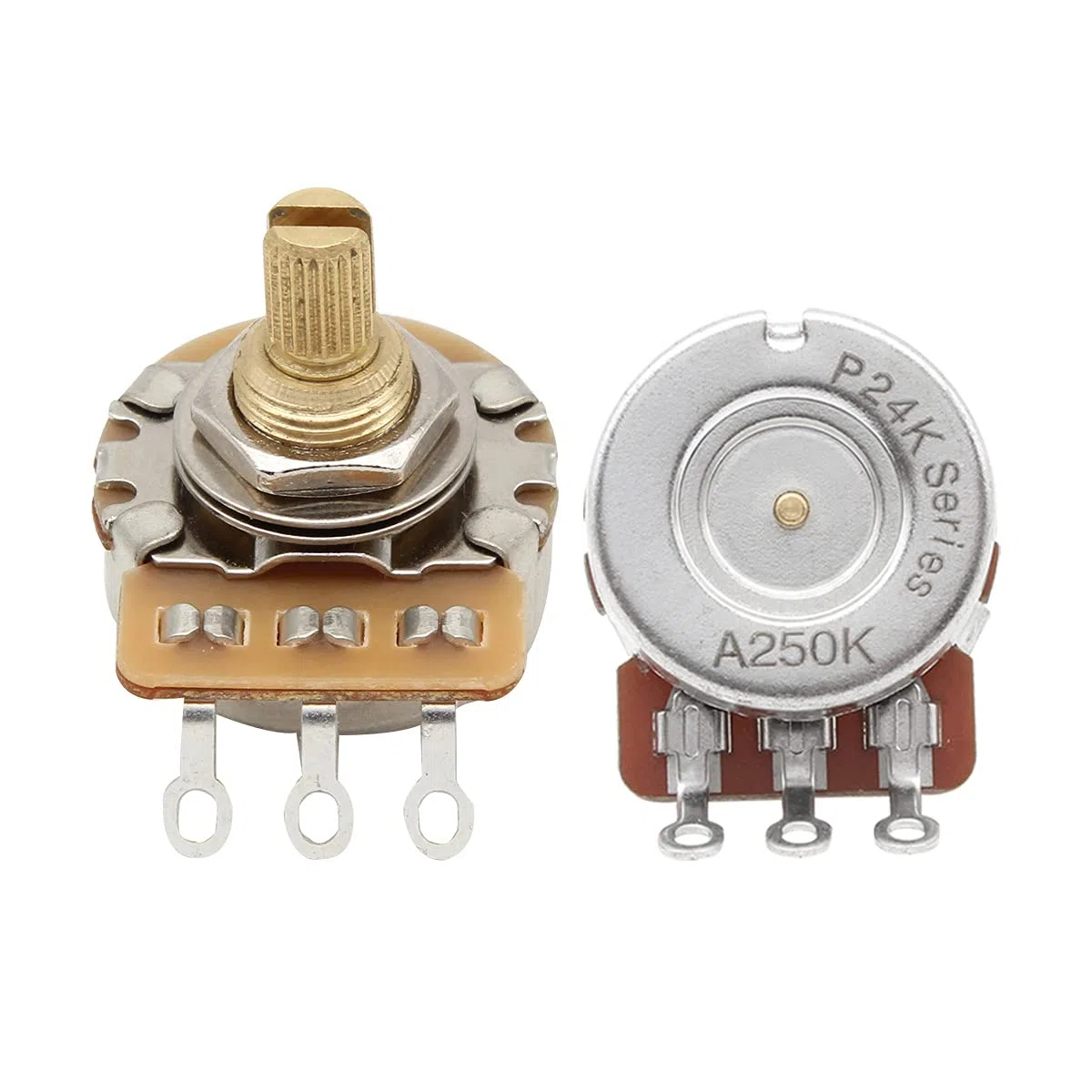 FLEOR Potenziometri di controllo con albero corto in ottone A250K Potenziometri conici audio 24 scanalature albero diviso D3/8" per tono di controllo del volume di chitarra elettrica, confezione da 2