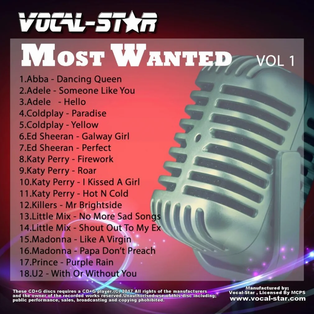 Vocal-Star 2022 Karaoke Chart Hits Set di dischi che include 80 migliori canzoni, fornito su 4 dischi karaoke CDG, CD karaoke con parole