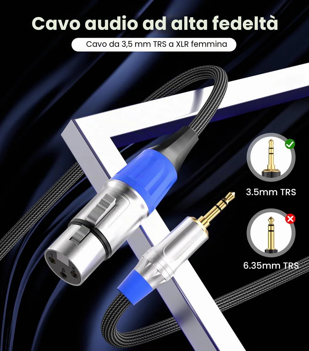 Tisino Cavo XLR Jack 3.5 mm, cavo da XLR femmina a mini jack 3,5 mm per microfono Aux per videocamere, fotocamere DSLR, dispositivo di registrazione per computer e altro ancora - 1M