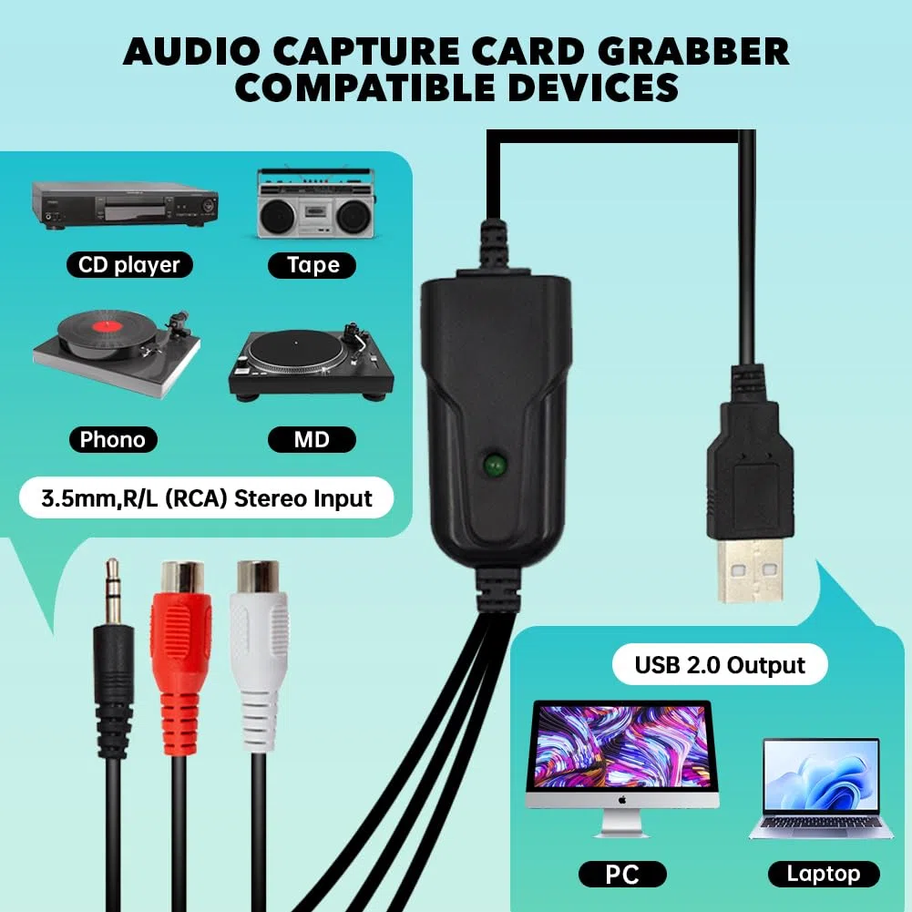 USB 2.0 Audio Capture Card Grabber per Cassette a Convertitore MP3, 3,5 mm, Interfaccia Stereo R/L Compatibile con Windows XP/7/8/10 e Mac OS 10.14