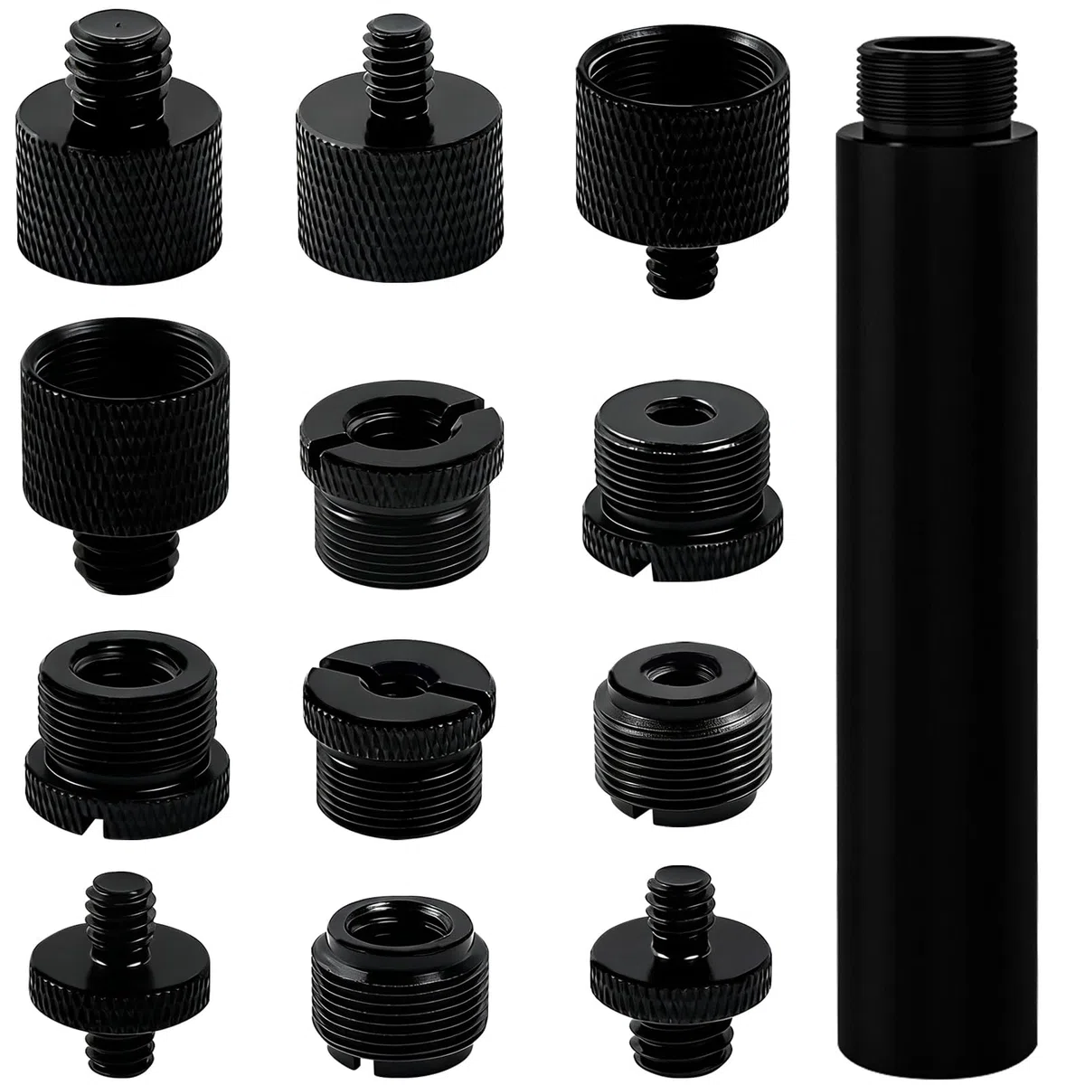 Set da 13 pezzi di adattatori neri per asta microfonica con viti e tubo di prolunga da 6 pollici – Adattatori da 5/8" a 3/8" e da 3/8" a 5/8", da 5/8" a 1/4" Maschio e da 1/4" a 5/8" – Gamma completa