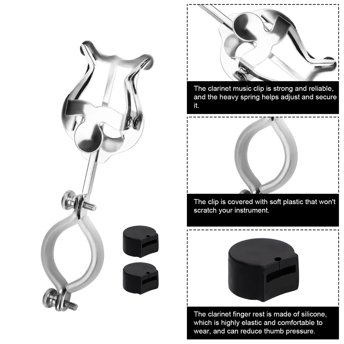 Lira per Clarinetto con 2 Cuscinetti per Pollice, Clip per Spartiti Musicali in Argento, Morsetto per Lira da Marcia, Supporto per Clarinetto per Strumenti della Banda Musicale