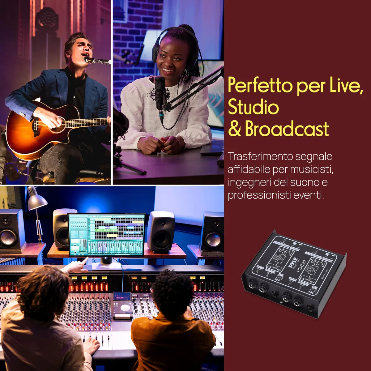 Pyle DI Box Passiva Compatibile con Amplificatori, Mixer, Altoparlanti, Microfoni, Strumenti Musicali, per Chitarra/Basso, XLR Bilanciato/Non, Nero