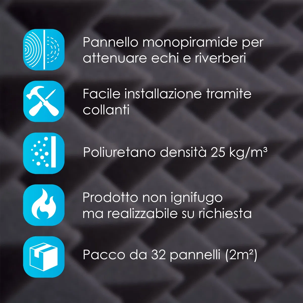 Keyhelm - Pannelli Fonoassorbenti Monopiramide 25x25x2,5cm | Correzione Acustica, Grigio Antracite | Made in Italy (Pacco da 32 (2m²))