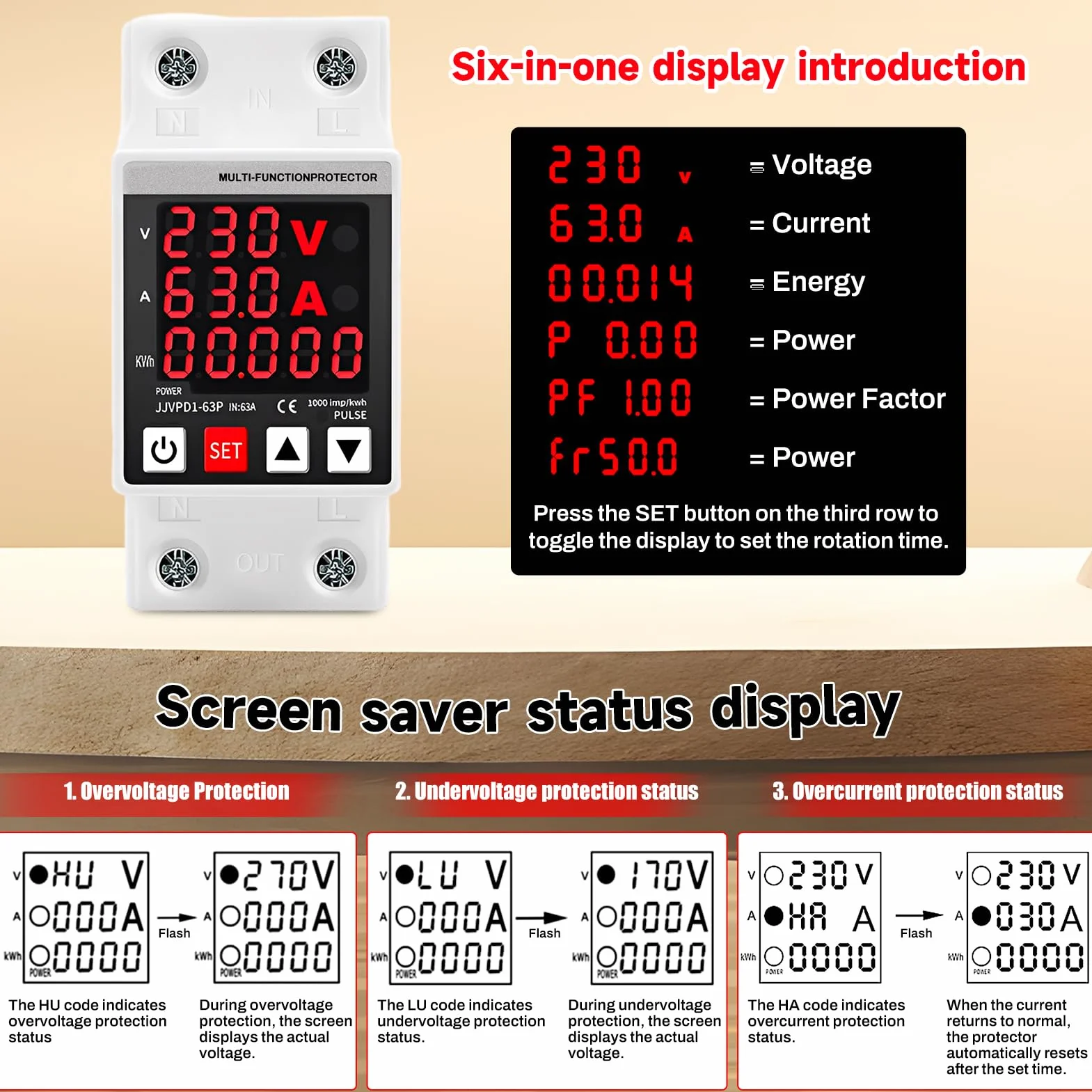 Stabilizzatore di tensione AC230V 63A protezione da sovratensioni di ripristino regolabile stabilizzatore di corrente display a LED Protezione da sovracorrente e sovratensione