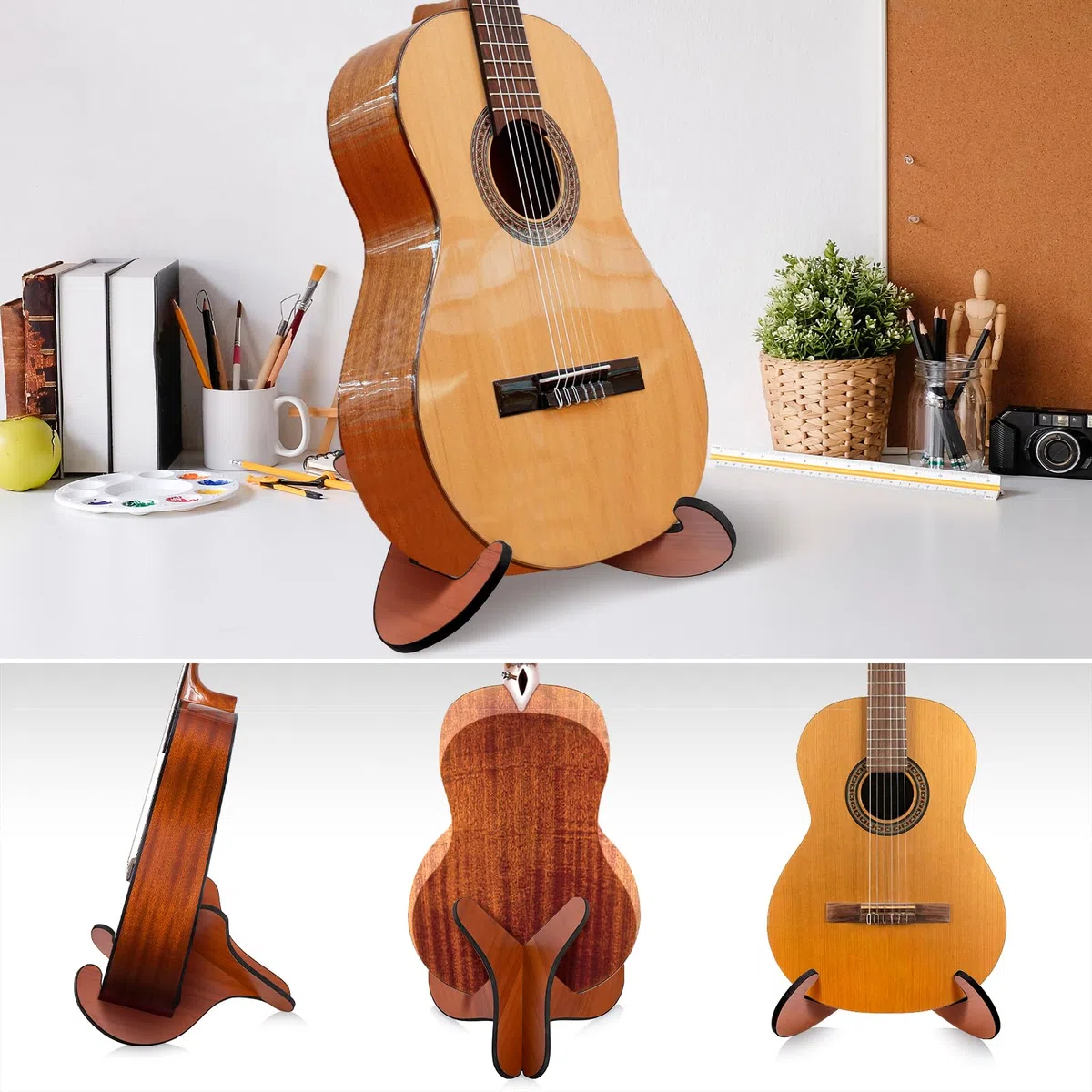 Fentar Supporto per Chitarra Classica e Basso in Legno, Porta Chitarra da Terra Antiscivolo con Cuscinetto in Schiuma Protettiva, Design Staccabile e Regolabile, Ideale per Studio, Casa e Spettacoli