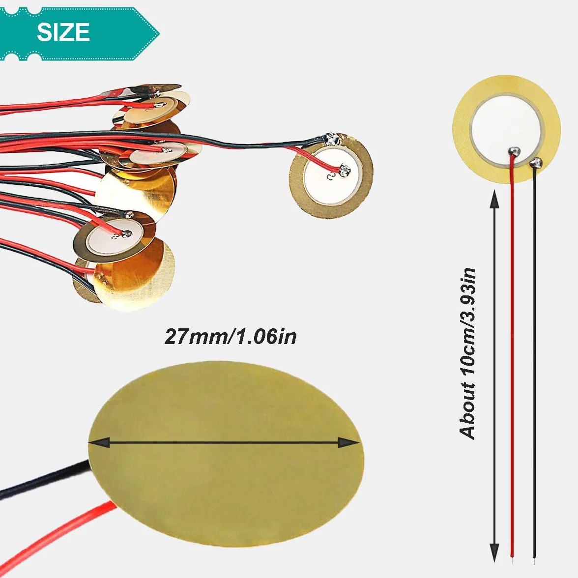 Dischi piezoelettrici da 27 mm Pickup piezoelettrici con cavi da 3.93" Dischi amplificatori piezoelettrici Mic Drum Trigger Pickup acustico Cicalino con adesivo in schiuma adesiva, 20 pezzi