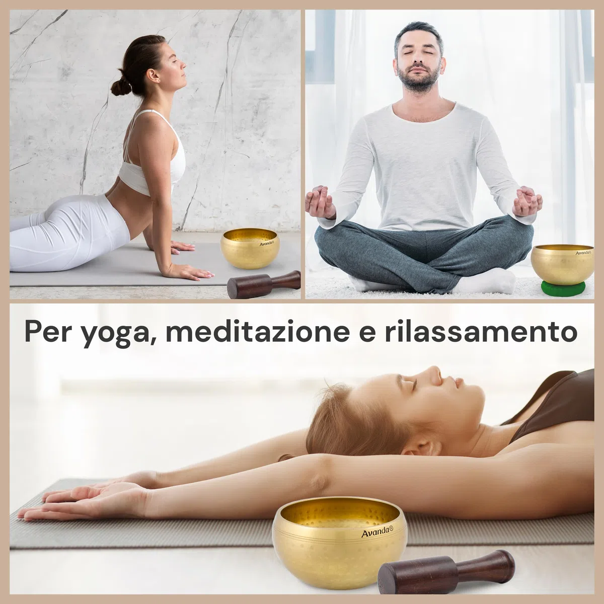 Set di ciotole tibetane per yoga, meditazione e rilassamento - Ciotola tibetana martellata Ø 8 cm, mazzuolo in legno di mango e cuscino ad anello giallo verde