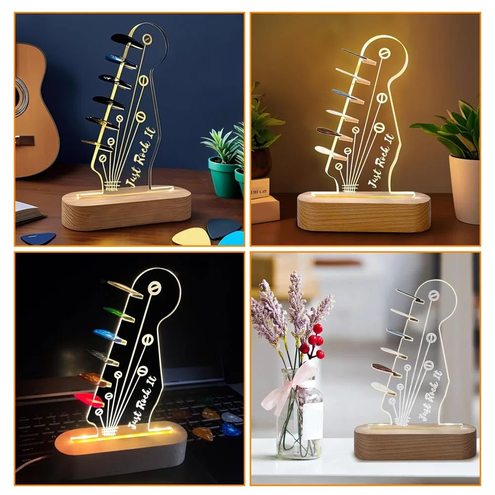 Porta Plettri per Chitarra Elettrica con Luce LED, Base in Legno e Design Acrilico per Musicisti e Chitarristi