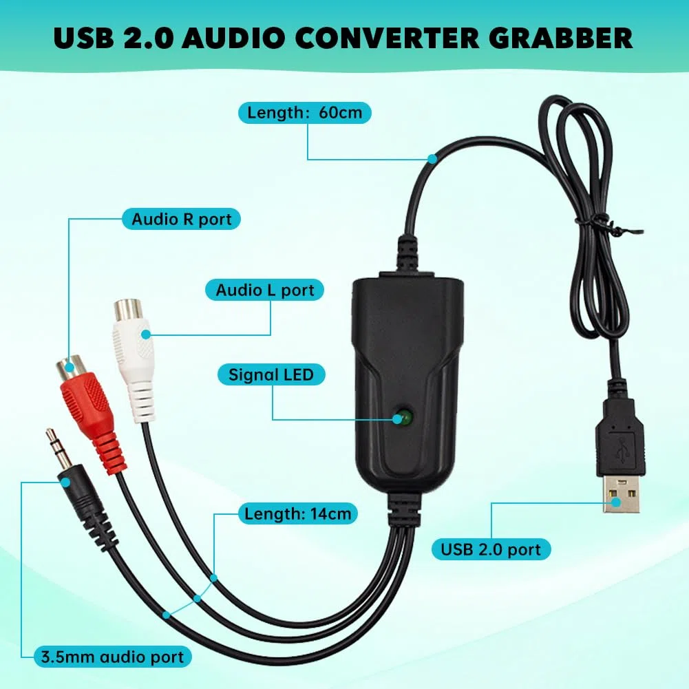 USB 2.0 Audio Capture Card Grabber per Cassette a Convertitore MP3, 3,5 mm, Interfaccia Stereo R/L Compatibile con Windows XP/7/8/10 e Mac OS 10.14