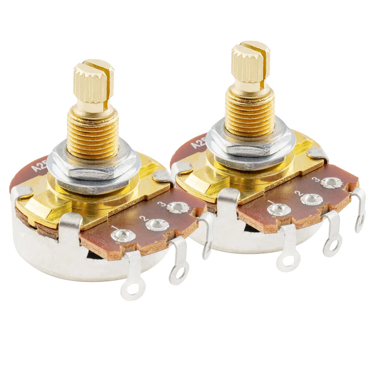 Musiclily Pro Filettatura Ottone Full Metrica A25K Split Shaft Potenziometro Audio Taper Pots per Chitarra Elettrica Basso (Set di 2)