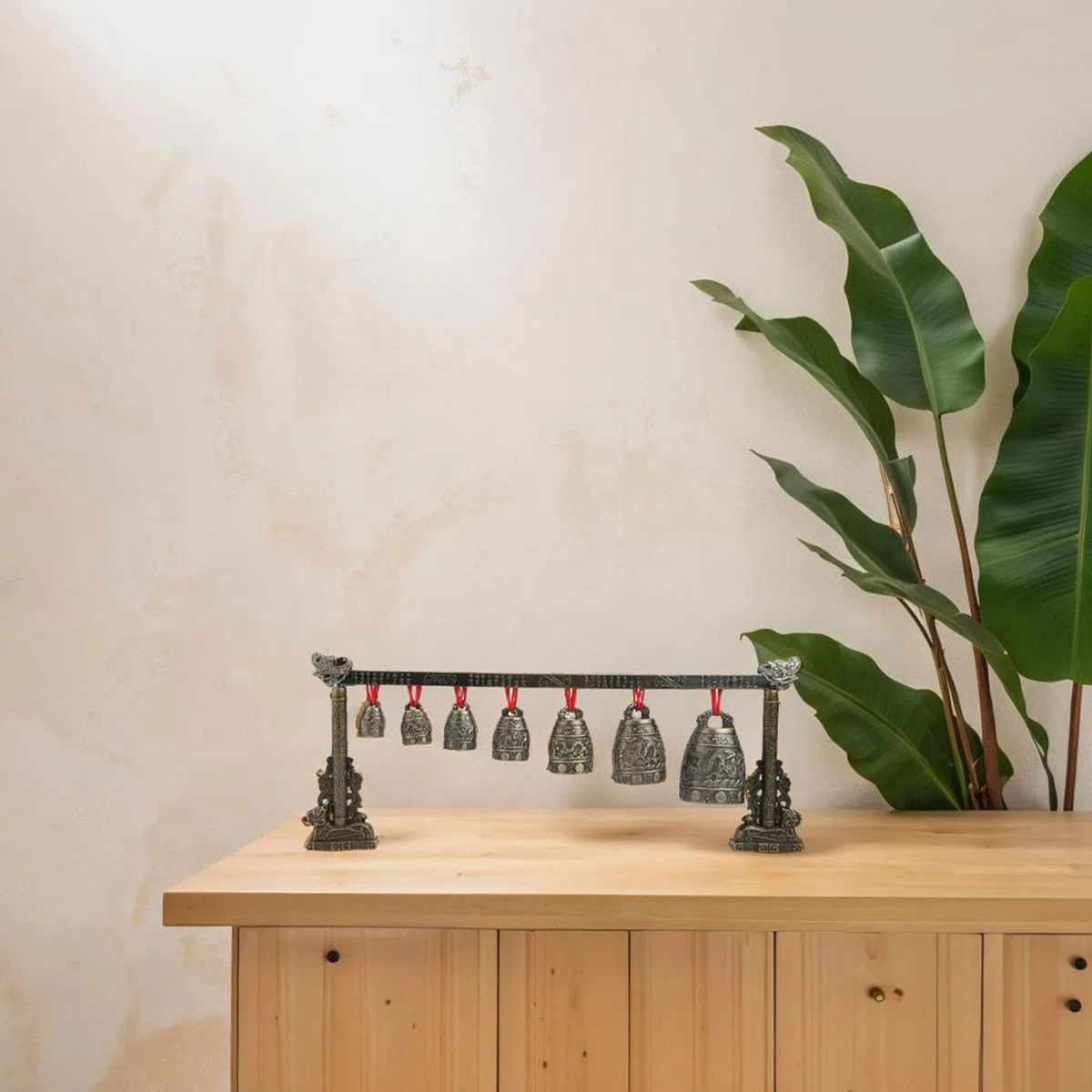 Oniissy Gong cinese da meditazione in bronzo con 7 campane decorate, strumento a percussione in lega per yoga e guarigione del suono, 410 x 170 x 50 mm