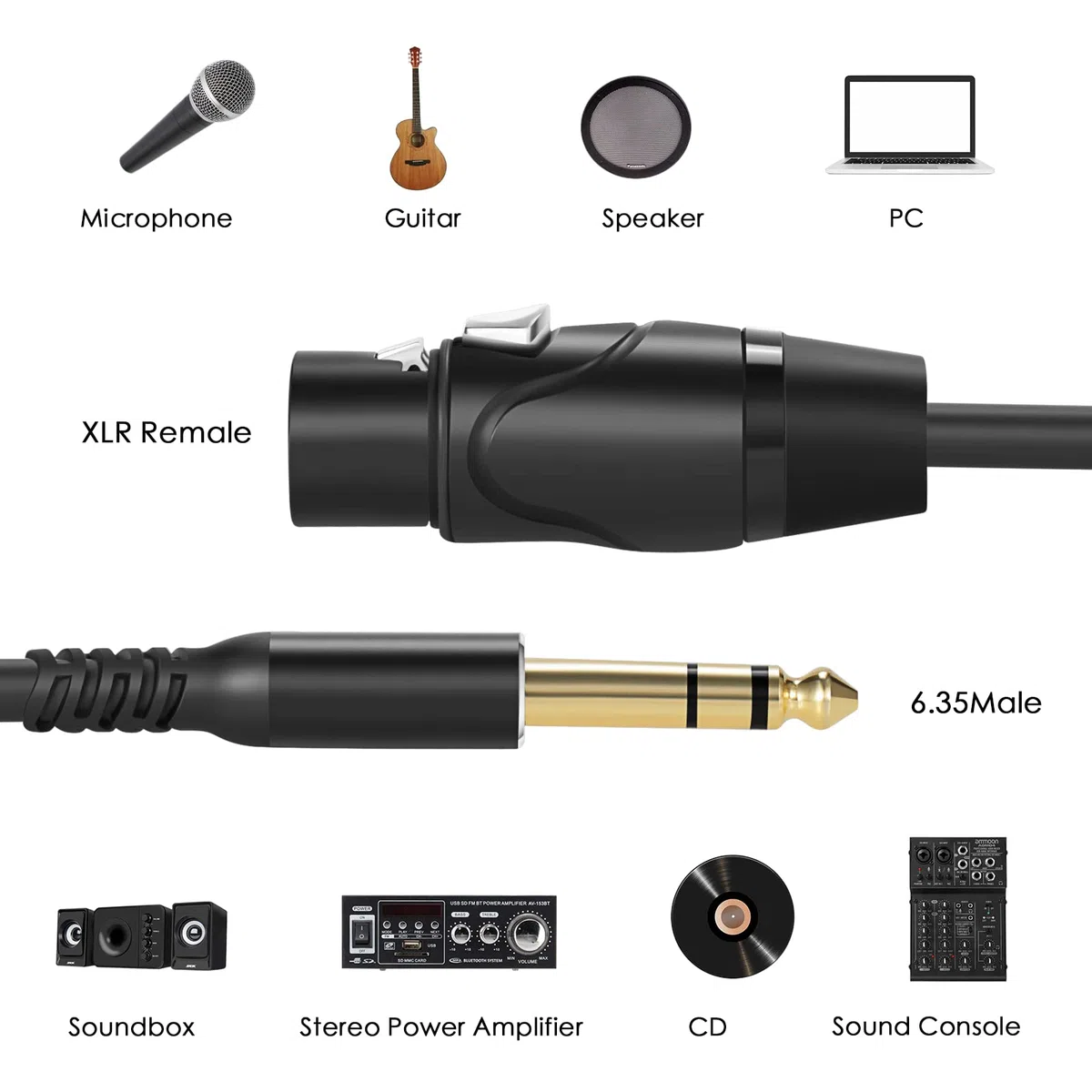Twozoh Cavo XLR Femmina a 6.35 mm 2M 2 Pezzi, Jack 6,35mm Stereo TRS Bilanciato Maschio a XLR Femmina per microfono (Profesional/Hifi)