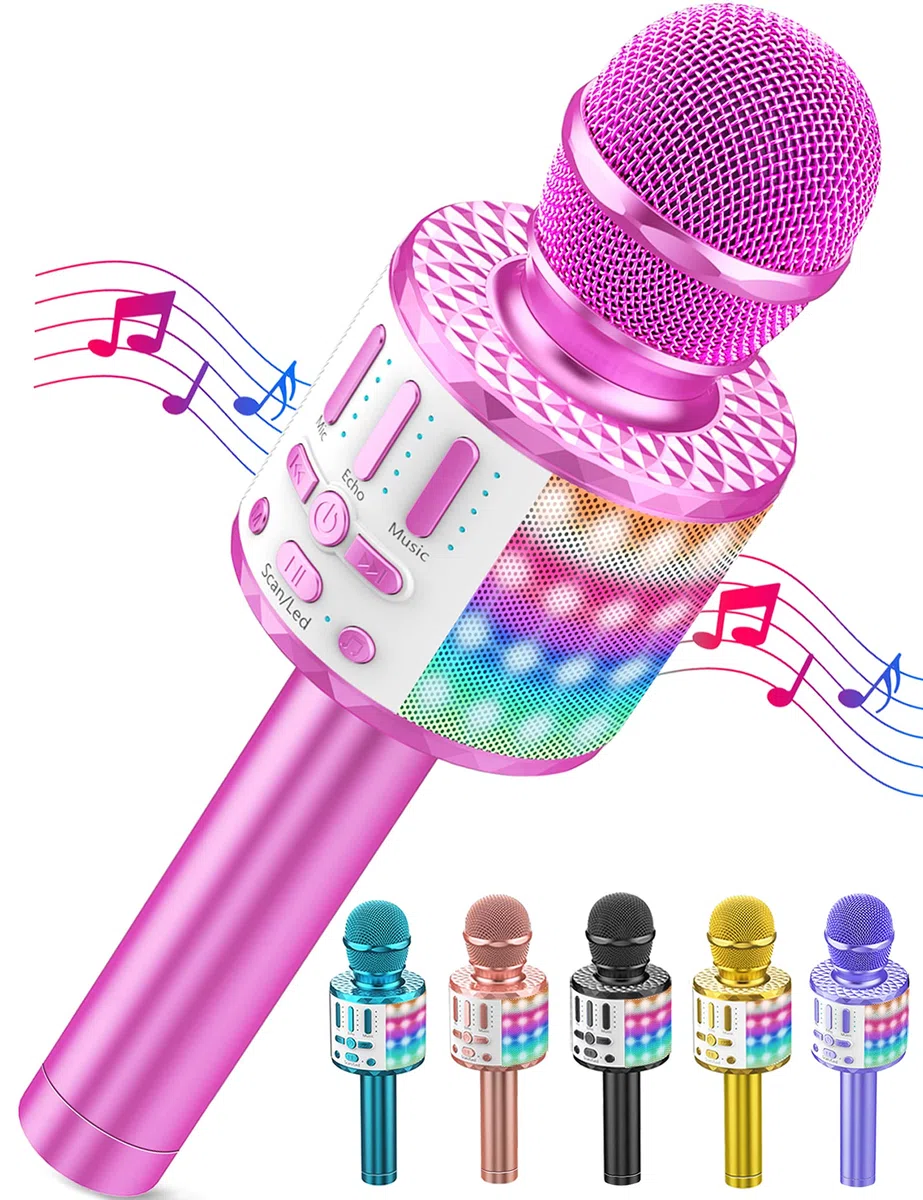 Microfono Karaoke per Bambini Bluetooth Senza Fili - Microfono Portatile con Altoparlante Integrato, Luci LED e Effetto Eco, Regalo di Compleanno per Ragazzi e Ragazze 3-12 Anni