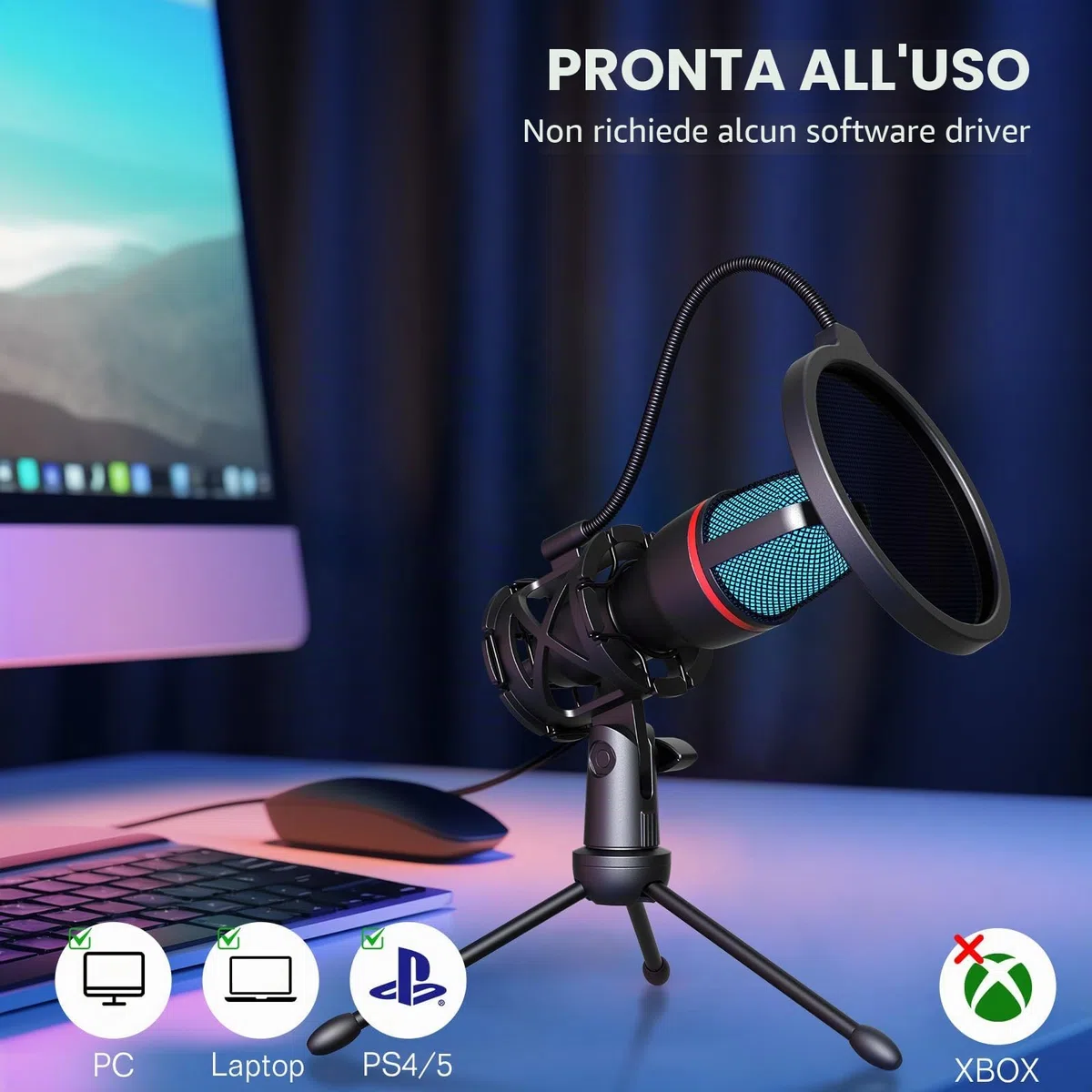 Hoppac Microfono USB PC Microfono Gaming, Micro a Condensatore con Shock-Mount, Filtro Pop e Treppiede, Plug & Play Microfono per PC, Laptop, PS4/5, Streaming, Podcasting, Registrazione