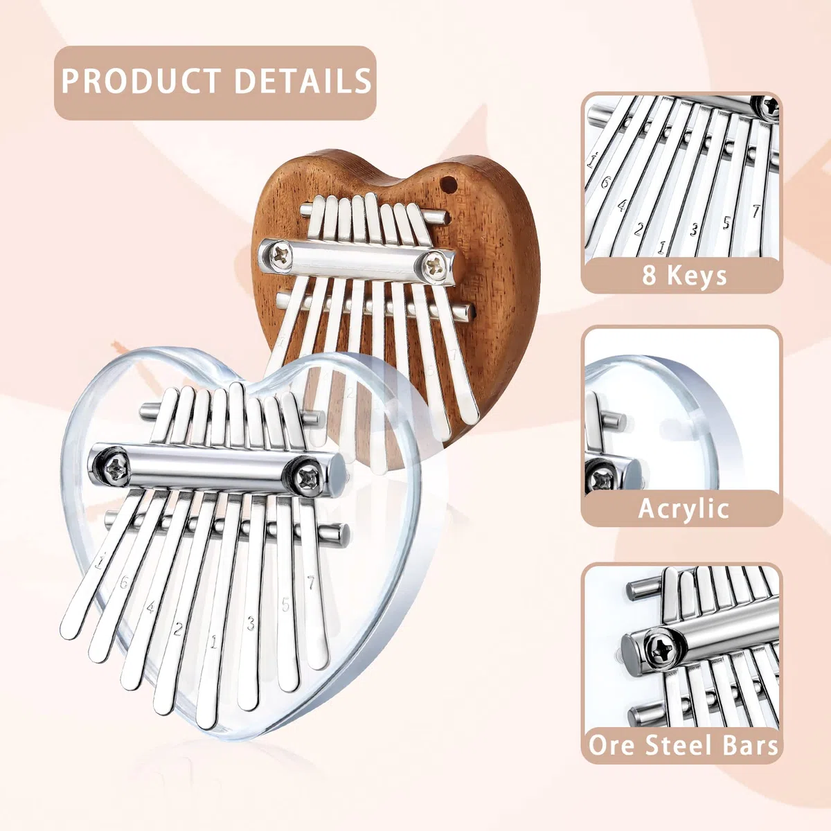 Confezione da 2 mini pianoforte Kalimba, 8 tasti, in legno massello portatile e acrilico, per bambini e adulti, regalo musicale tascabile per principianti con catena