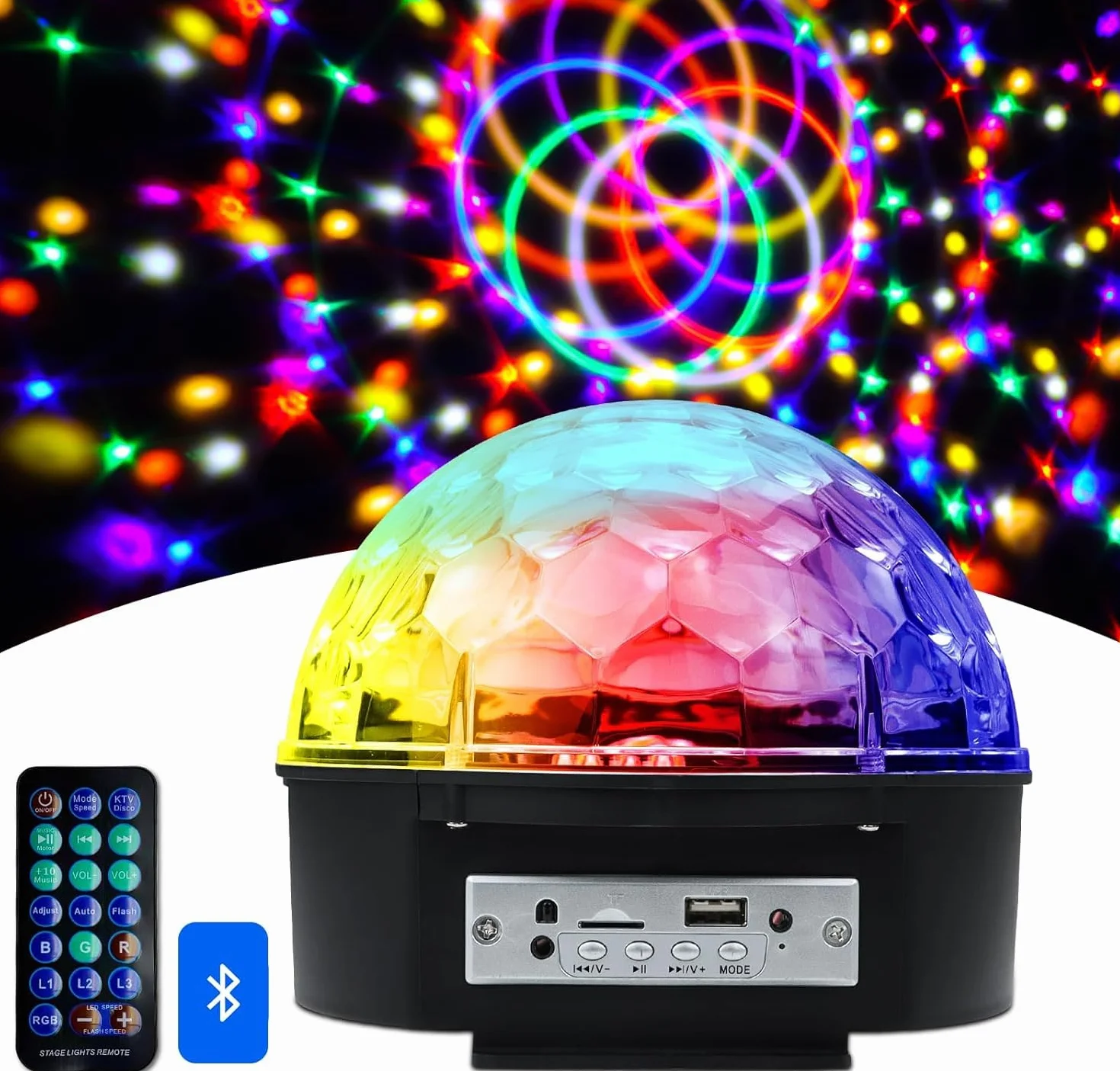 Sfera da discoteca LED con Bluetooth, 7 modalità di luce, telecomando senza fili, lampada da festa multicolore per feste, karaoke, casa