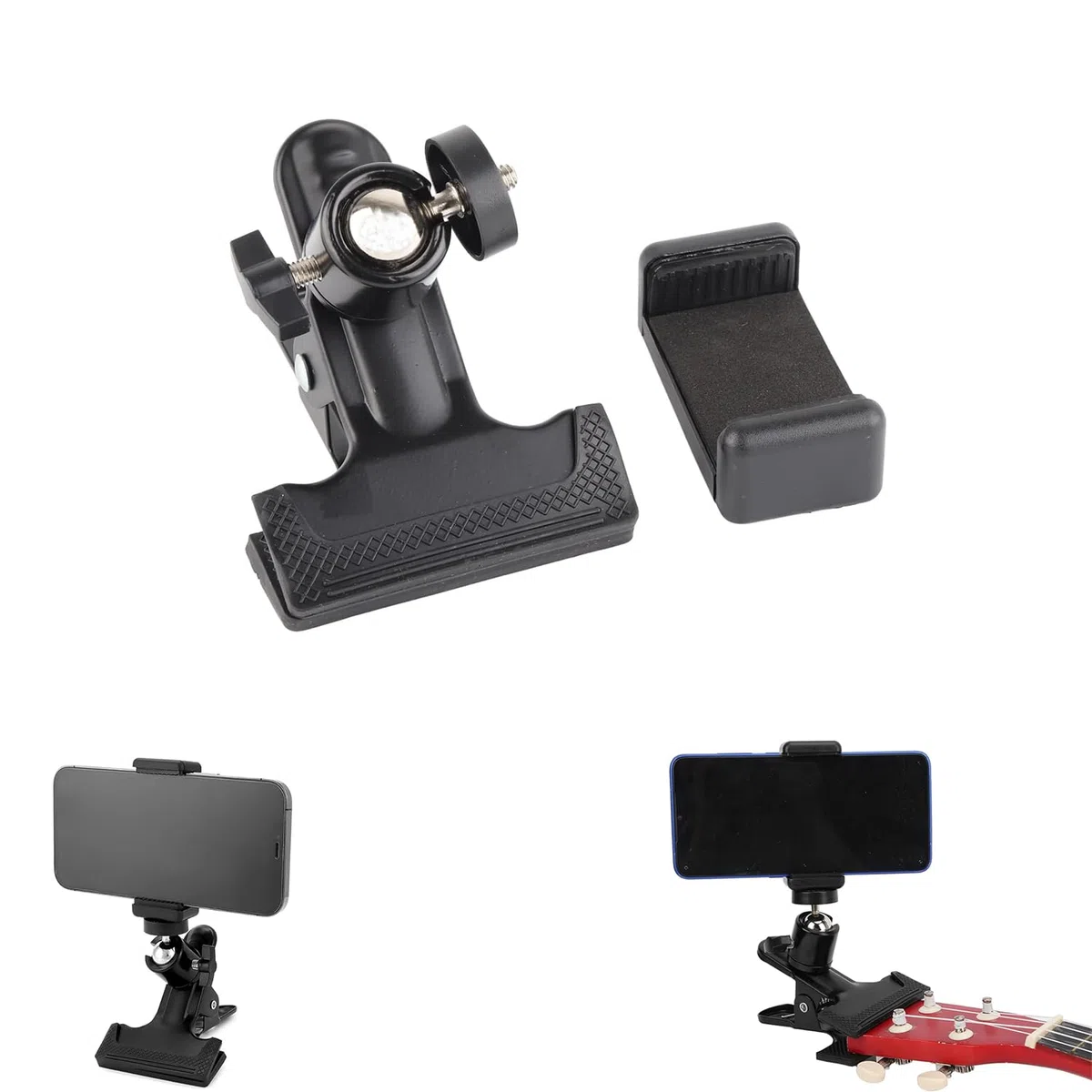 Clip per chitarra universale, supporto per cellulare, clip regolabile, per chitarra, chitarra elettrica, basso, ukulele