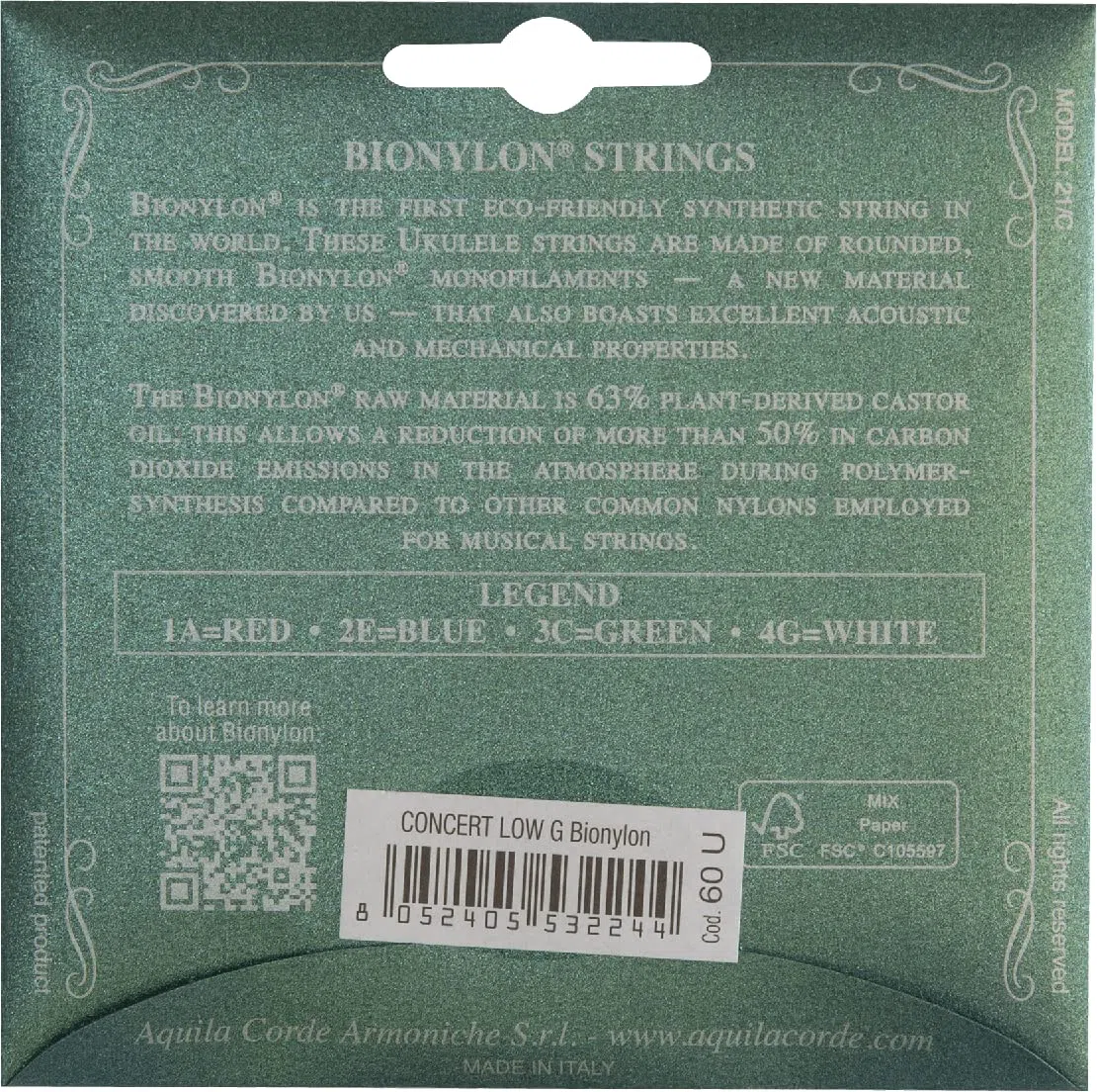 Aquila Corde Armoniche Bionylon Ukulele Set GCEA 60U Concerto Low-G