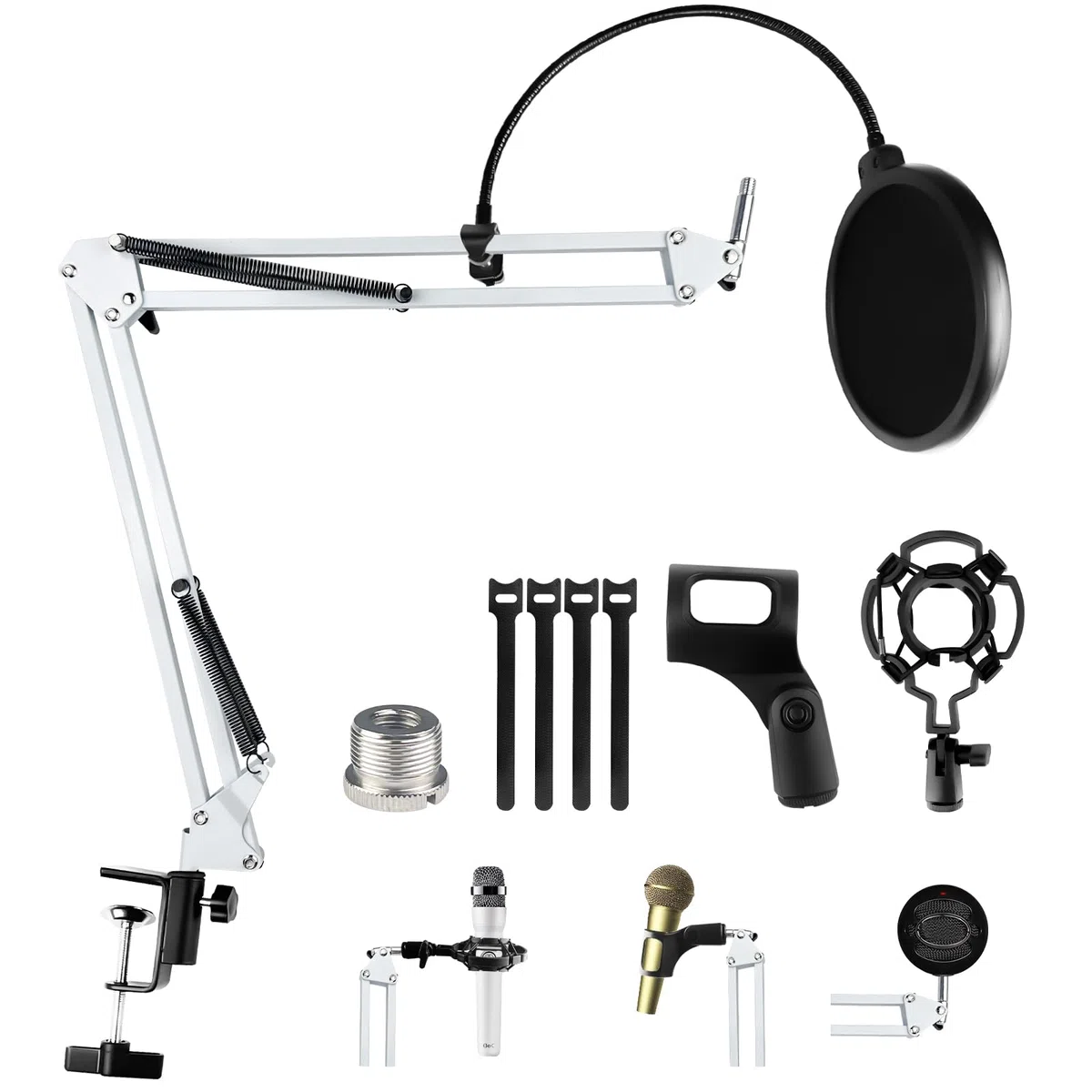 Relota Asta Microfono Regolabile, Supporto Microfono Forbici Sospensione Braccio Microfono con Mic Clip, Filtro Pop e 5 Fascette Cavi, Supporto per Microfono per Podcast, Streaming