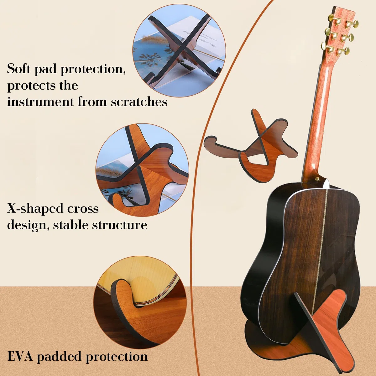 HORREX Porta Chitarra da Terra Antiscivolo con Gomma Morbida, Supporto Chitarra in Legno, Design Staccabile e Regolabile, Guitar Stand Universale Telaio-X per Acustica/ Classica/ Elettrica
