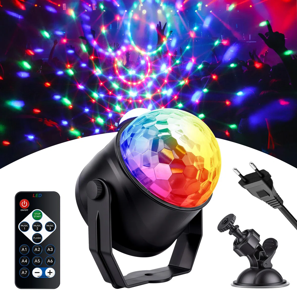 Luci Discoteca, LED Controllata Dalla Musica, Striscia Luminosa Sferica Rotante a 360° con Telecomando, DJ RGB da 3W, Adatta per Riunione di Famiglia, Decorazioni per Compleanni, KTV, Feste di Natale
