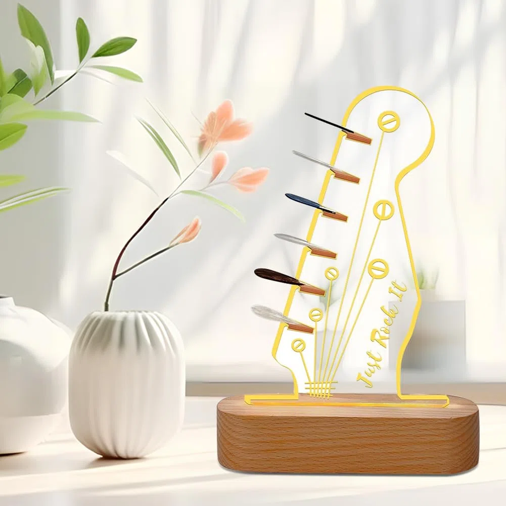 Porta Plettri per Chitarra Elettrica con Luce LED, Base in Legno e Design Acrilico per Musicisti e Chitarristi