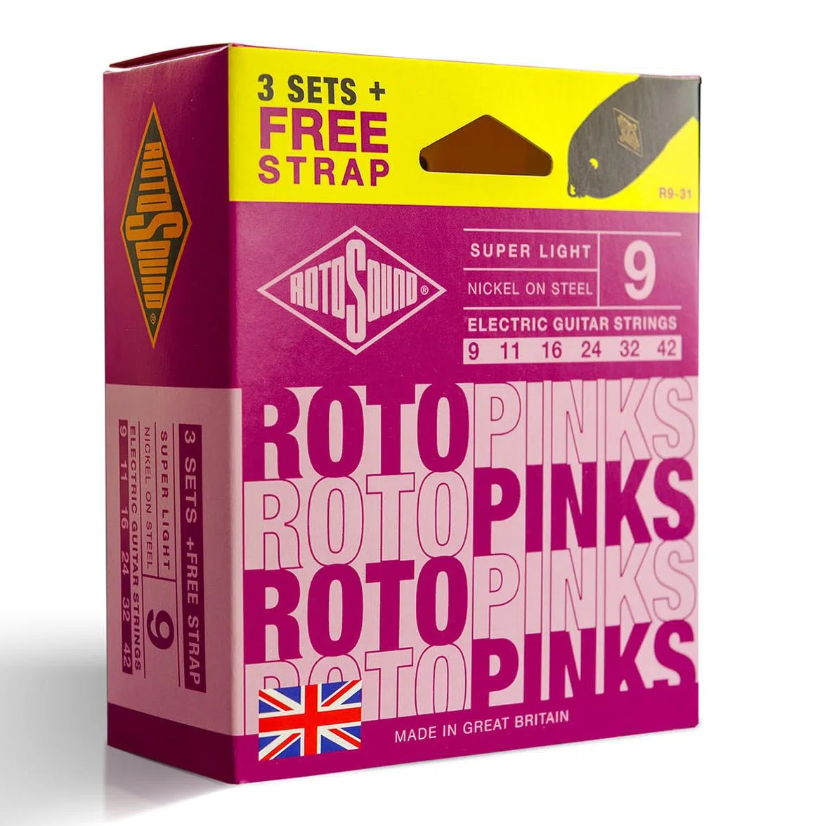 Rotosound Corde per Chitarra Elettrica Roto Nickel plated 3 Set + Cinghia PINKS R9-31-F Super-Light 9-42