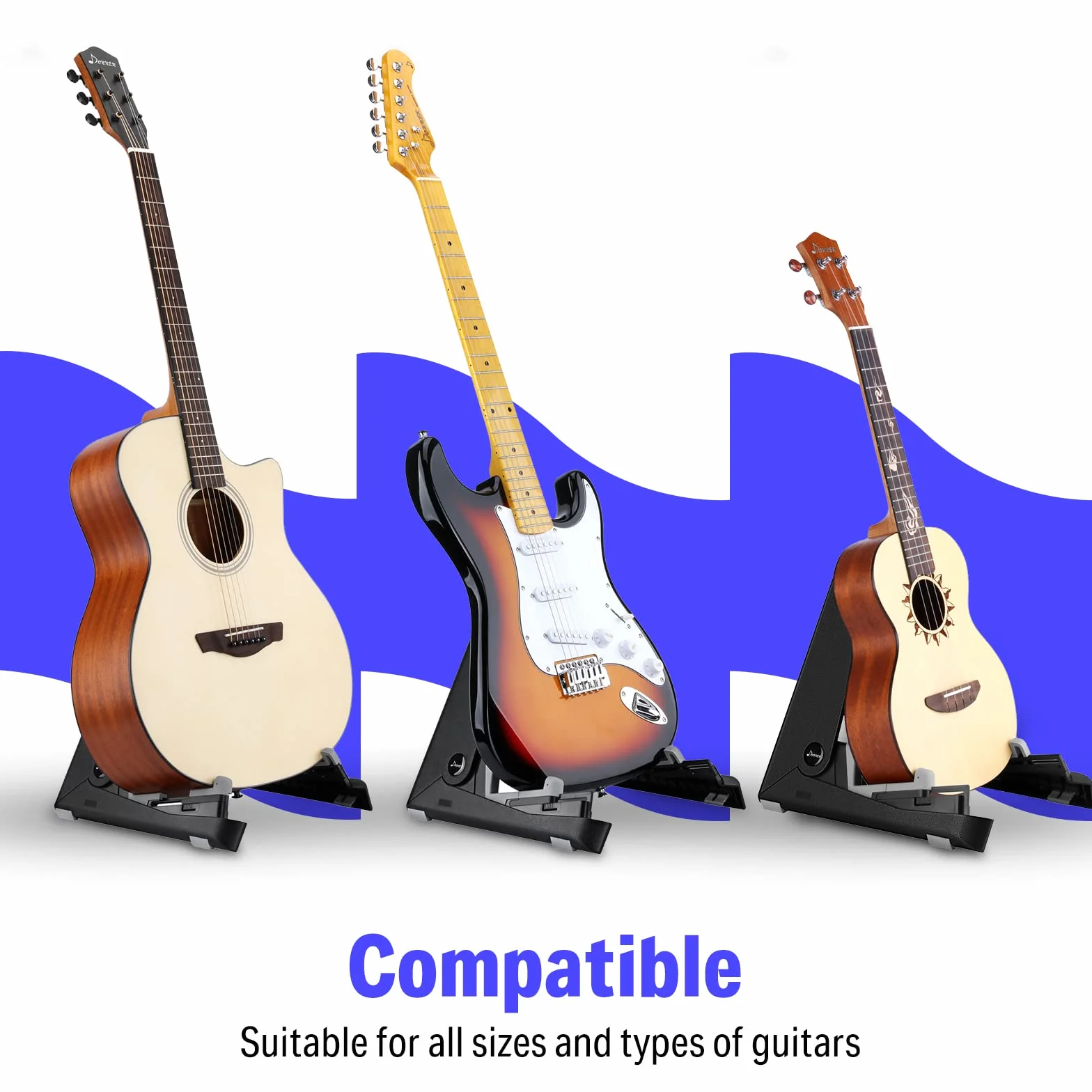 Donner Supporto per Chitarra Pieghevole, Porta Chitarra da Terra Leggero di Doppia Piegatura per Basso, Mandolino, Banjo, Chitarra Acustica, Elettrica e Classica con Cuscinetti in Silicone (DS-2)