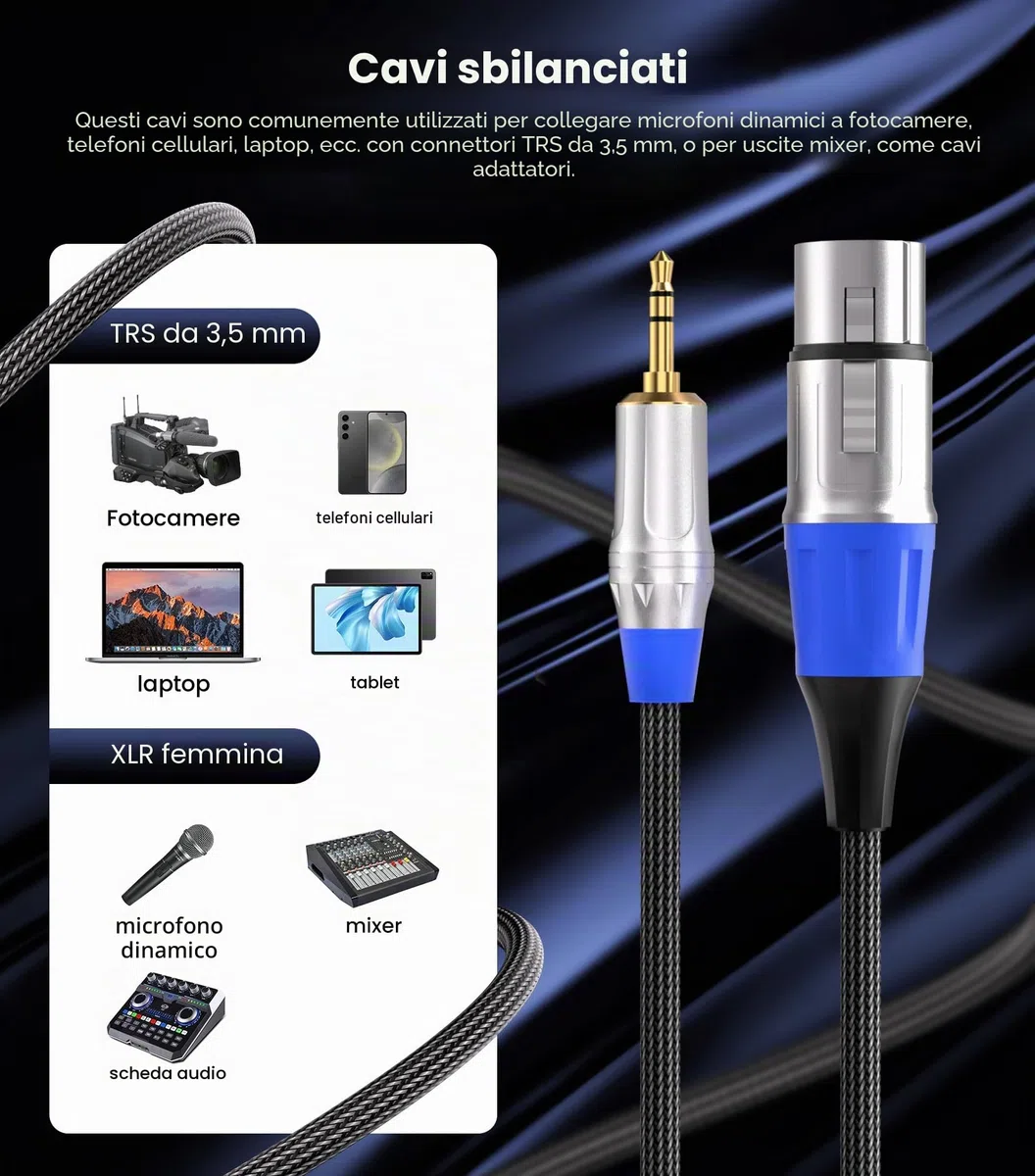 Tisino Cavo XLR Jack 3.5 mm, cavo da XLR femmina a mini jack 3,5 mm per microfono Aux per videocamere, fotocamere DSLR, dispositivo di registrazione per computer e altro ancora - 1M