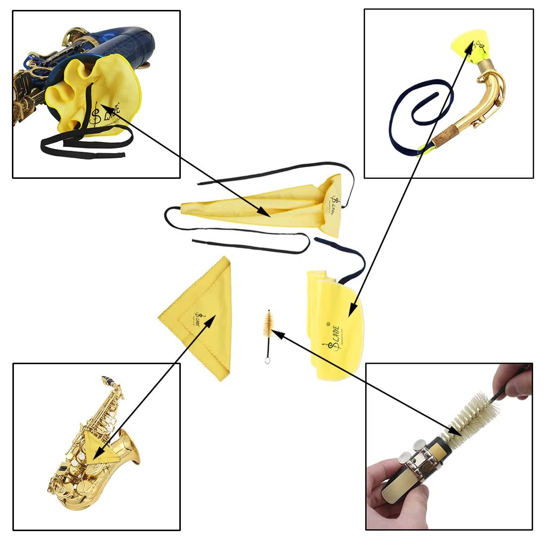 Kit di pulizia per sassofono, kit di manutenzione per flauto e clarinetto, con 3 panni per la pulizia e spazzola per bocchino, per clarinetto, flauto, strumenti a fiato